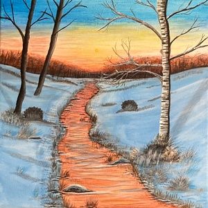 Winter Sunset Acrylic Painting on 14X14” stretched canvas